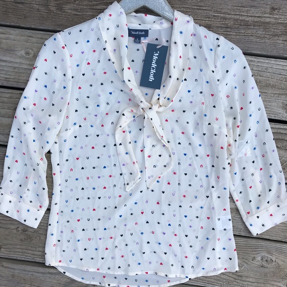 NWT ModCloth Eye Heart U You Pleasant Confidence Tie Neck Blouse Ivory I Love U - Picture 4 of 12
